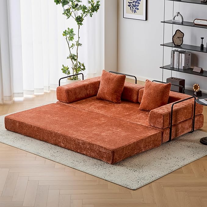 77 Convertible Sleeper Sofa Bed with Fixed-Shape Frame Modern Chenile Folding Boneless Couch with 2 Pillows Comfy Floor Sofa Couch for Living Room No Assembly Required Orange