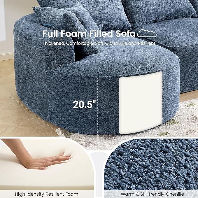 126” Oversized Curved Sectional Sofa L Shaped Chenille Boneless Couch with Deep Seat &amp 7 Pillows for Living Room Bedroom No Assembly Required (Blue)
