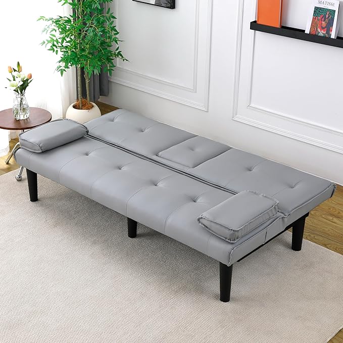 KEIKI 3 in 1 Convertible Sleeper Sofa Bed with Cup Holder Futon Sofa for Living Room Dorm or Home Office Light Gray