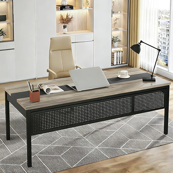 Tribesigns 70.8-Inch Executive Desk Large Office Computer Desk Workstation Modern Simple Style Laptop Desk Study Writing Table Business Furniture for Home Office (Grey and Black)