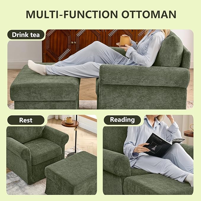 35.82 Accent Chair with Ottoman Set Upholstered Living Room Chairs for Reading Chair with Chaise Lounge Chairs Indoor Comfortable Armchair for Bedroom (Green 35.82)