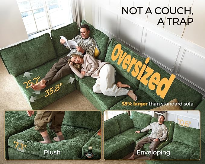 Single Seat Module for Olar Oversized Modular Sectional Sofa Extra Deep and Wide Cloud Chair Cushion Covers Removable Freely Combined with Other Modules by U-connectors Chenille Green