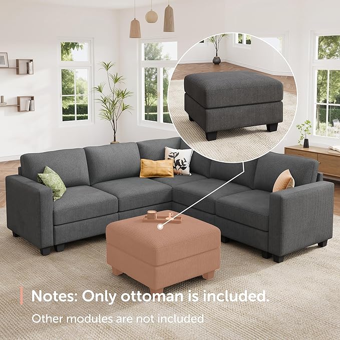 HONBAY Modern Corduroy Ottoman Module Sofa 28.4 Inch Square Ottoman Bench with Storage Grey