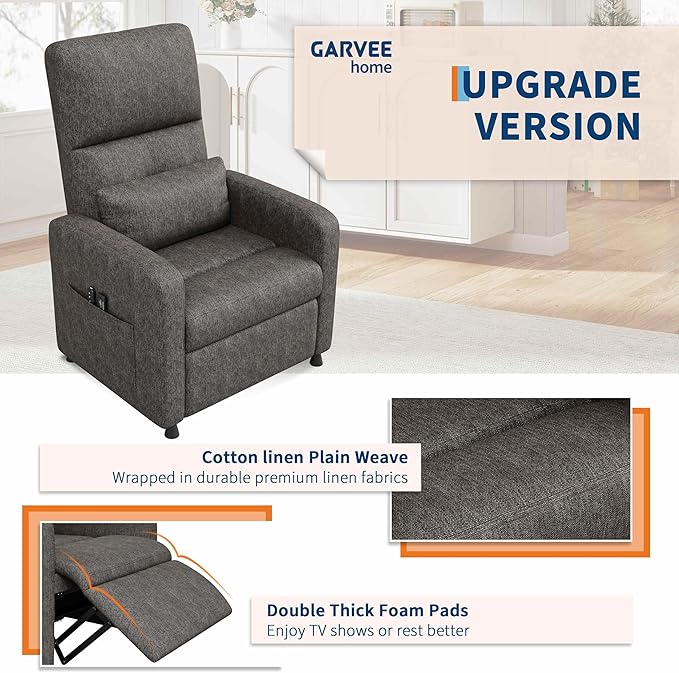 GarveeHome Power Recliner Chair Adjustable Electric Recliner Ergonomic Overstuffed Single Sofa Tall Back Padded Seat 2 Side Pockets and USB Port Home Theater Seating for Living Room