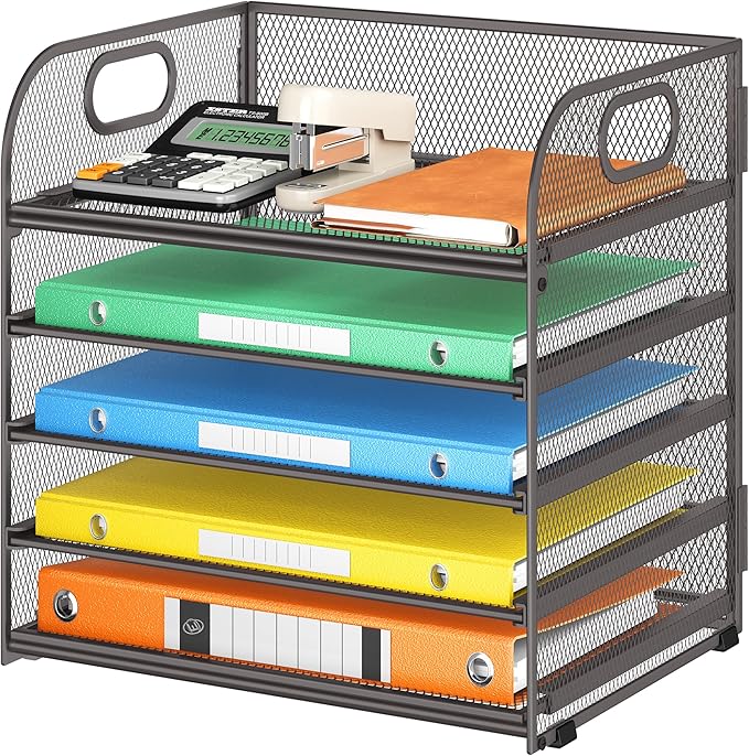 Lavatino 5 Tray Desk File Organizer Mesh Paper Sorter Letter Tray Organizer with Handle Desktop File Organizer and Storage for Letter/A4 Office File Folder- Grey