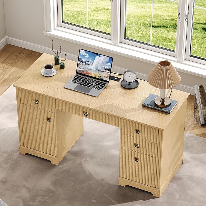 59 Modern Executive Desk with Drawers Wood Home Office Computer Desk with Charging Station 5 Drawers &amp 1 Cabinet File Drawer Fluted Computer Writing Desk for Study Living Room Bedroom Oak