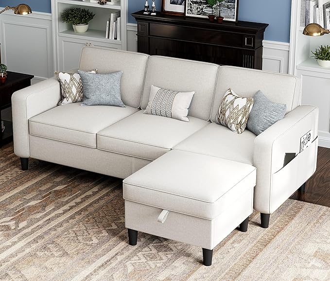 Sectional Couches for Living Room Convertible 3 Seater Sofas 78 L Shaped Couch with Removable Storage Ottoman Modern Linen Beige Sofa for Apartments Studios Dorms Small Spaces | 78 Small Sectional