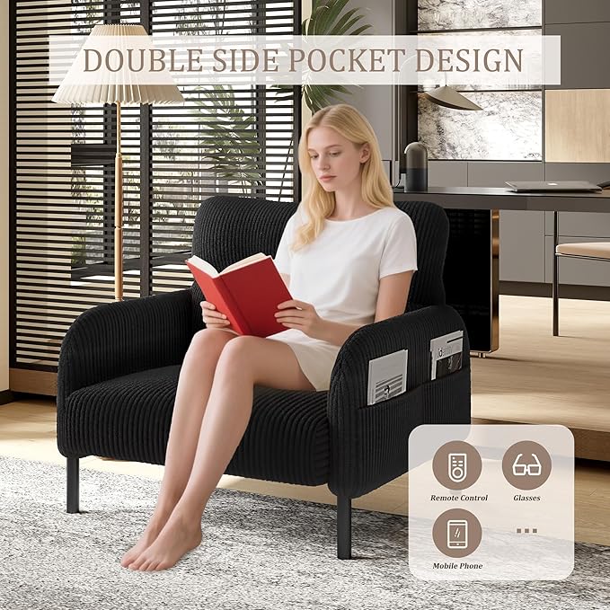 Black Accent Chair - Corduroy Living Room Chairs with Side Storage Pockets and Durable Legs Comfy Arm Reading Chair with Soft Backrest for Bedroom Balcony Study Room