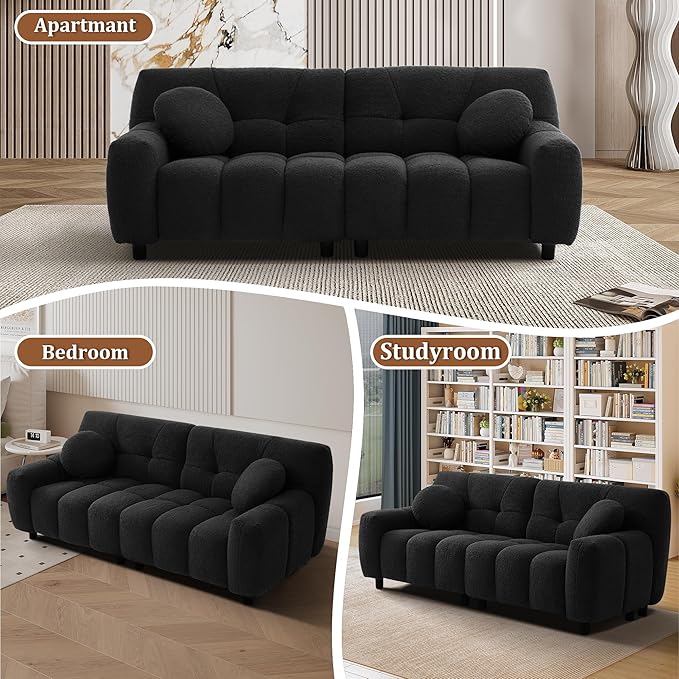 73 Boucle Cloud Sofa Couch with 2 Soft PillowsComfy Upholstered Teddy 2 Seater LoveSeat SofaModern Deep Seat Sherpa Cloud Couch Oversized Love Seat for Living Room Bedroom Apartment Black