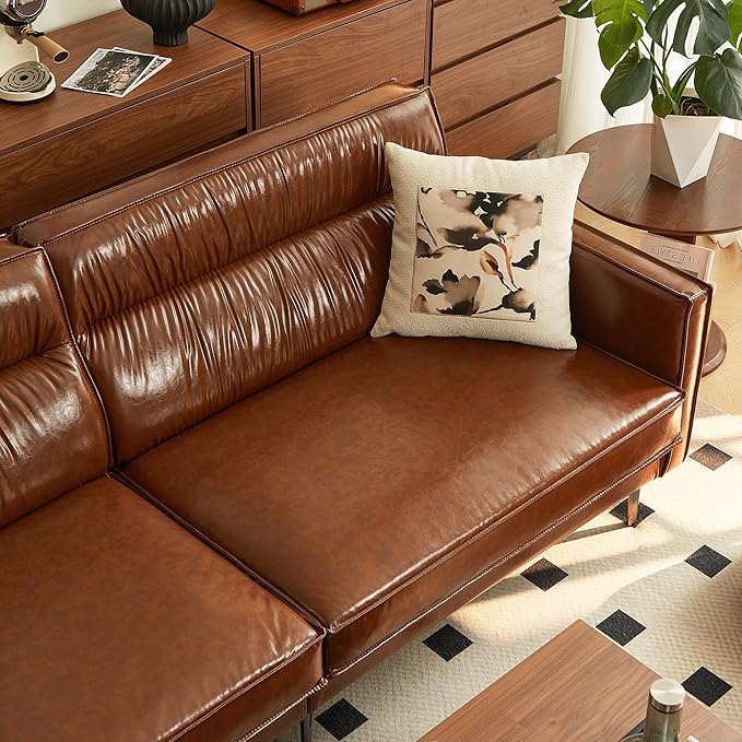 Mid-Century 3-Seater Faux Leather Sofa with Removable Backrest and Cushions Vintage Modern Lounge Couch for Office Apartment Living Room Bedroom with Sturdy Metal Legs - 86.61 Inches Brown