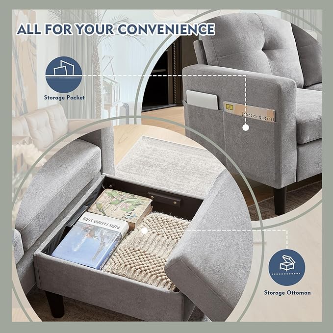 79 Convertible Sectional Sofa Small L Shaped 3 Seat Couch with Storage Chaise and Side Pocket Modern Linen Fabric Reversible Sofa Couches for Living Room Apartment and Small Space