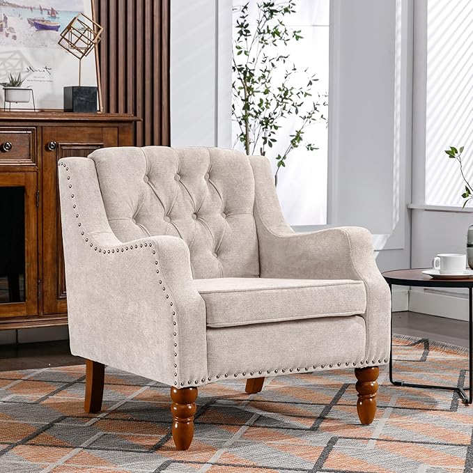 Beige Accent Chair Living Room Chair Footrest Chair Set with Vintage Brass Studs Button Tufted Upholstered Armchair for Living Room Comfy Reading Chair for Bedroom Reception Room