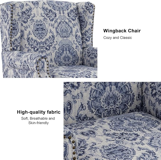 Floral High Back Accent Chair Upholstered Armchair with Solid Wood Legs Comfy Wingback Reading Single Sofa Chair for Small Spaces Living Room Bedroom(Floral Navy Blue Set of 2)