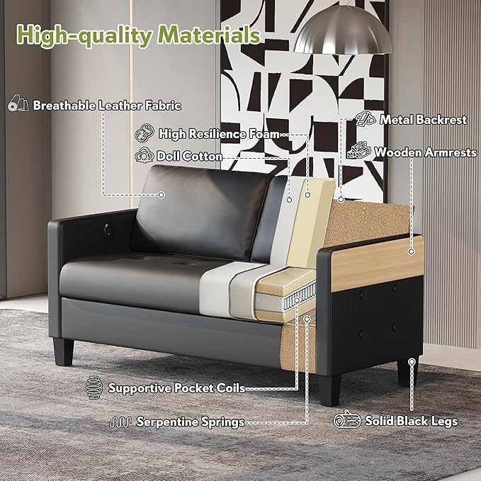 STHOUYN 59 Black Faux Leather Sofa Couch Modern Comfy Office 2 Seater Couch Loveseat with Tufted Armrest and USB Small Love Seat Couches for Living Room Apartment Bedroom