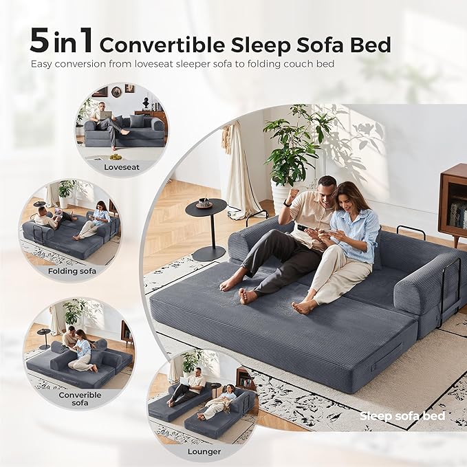 79'' Convertible Sofa Bed 5-in-1 Folding Corduroy Sleeper Couch with Pull Out Bed Oversized Modular Floor Sofa No Assembly Space-Saving Guest Bed for Apartment Living Room Bedroom (Dark Gray) | Co