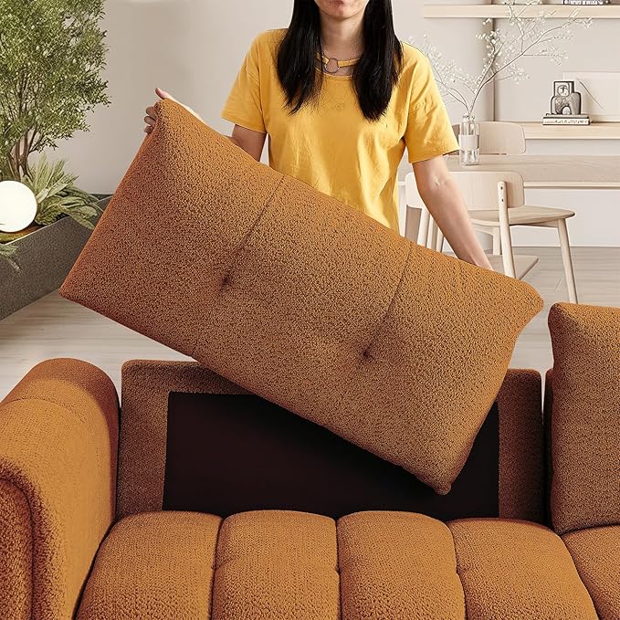 Mid Century Modern Boucle Sofas for Living Room 3 Seater Couch with Deep Seat Comfy Sherpa Cloud Couch Oversized Loveseat for Apartment Bedroom Home Office 91.5 Inch Burnt Orange