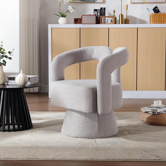 360 Degree Swivel Cuddle Barrel Accent Chairs Round Armchairs with Wide Upholstered Fluffy Fabric Chair for Living Room Bedroom Office Waiting Rooms (Light Gray Boucle) KO385