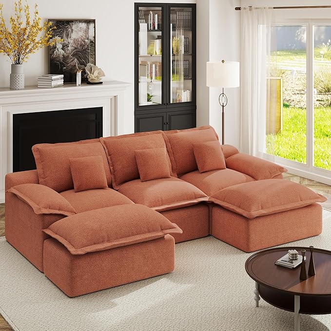 Modular Sectional Sofa 107'' Boneless Couches for Living Room 5-Seat Sofa with 2 Ottomans Cloud U Shaped Couch No Assembly Required Chenille Mahogany