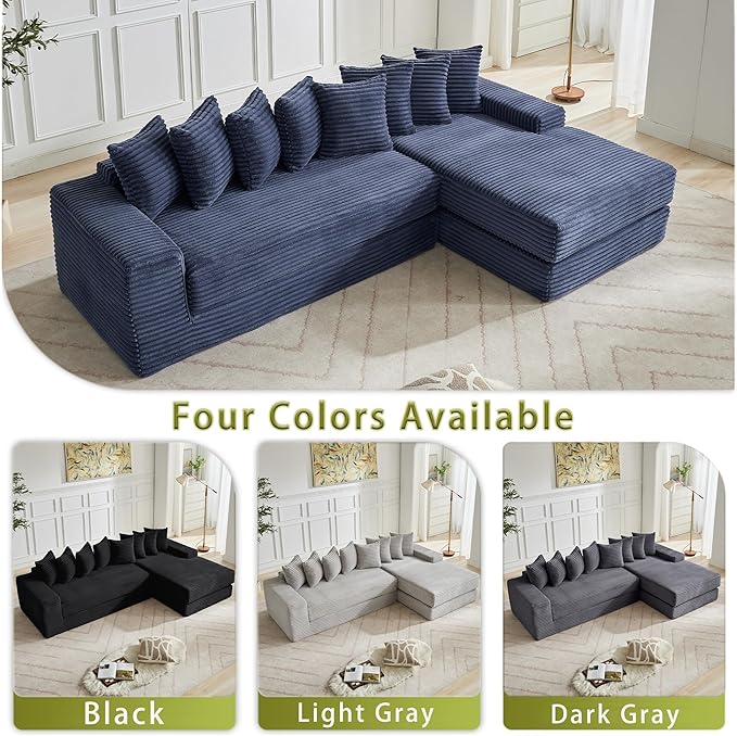 110 Oversized L Shaped Convertible Sleeper Sofa Bed Corduroy Folding Sectional Sofa with 8 Pillows &amp Storage Bags Modern Floor Mattress Couch for Living Room Small Spaces Blue Right Chaise