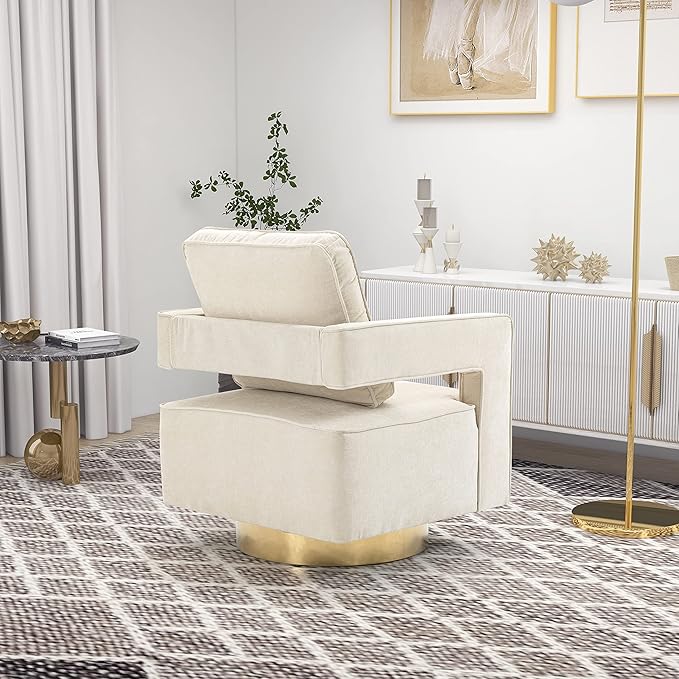 Betoko Swivel Accent Barrel ChairModern Open Back Armchair with Gold Metal BaseChenille Upholstered Club Chair with Pillow for Living Room (Beige)