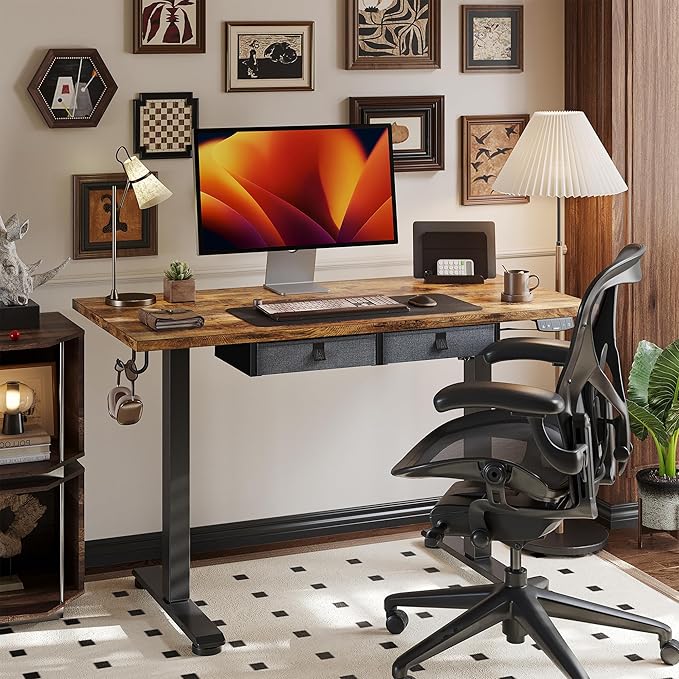 Agilestic Height Adjustable Desk with 2 Drawers 55 x 24 Inches Electric Standing Desk Stand up Computer Table with Memory Preset for Work Office Home Dark Brown