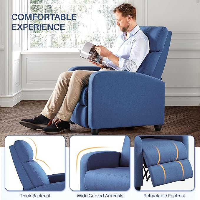 Yaheetech 2-Seat Fabric Pushback Recliner Chair with Thick Seat Cushion and Backrest Reclining Chair for Living Room Home Theater Light Blue