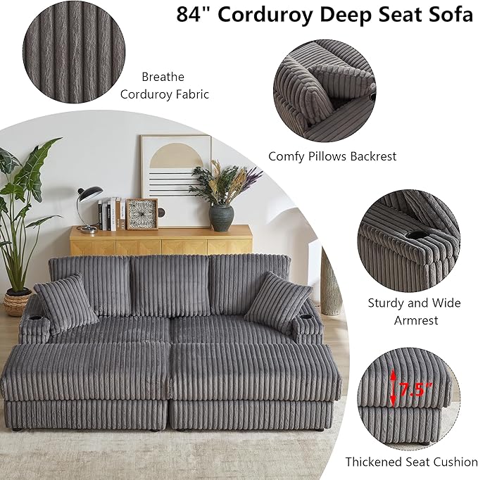 Aoowow 84 Corduroy Oversized 3-Seater Sofa with 2 Ottomans Modular Sectional Deep Seat Sofa with Back and Toss Pillows Modern Comfy Sofa with 2 Storage Spaces and Cup Grooves for Living Room Grey