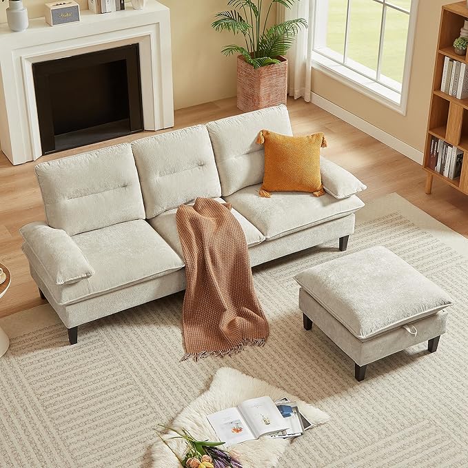 86'' Chenille Sofa with Storage Ottoman Modern Living Room Sofa with Removable Washable Cushion 3 Seater Comfy Couch for Apartment Bedroom Office (Beige)