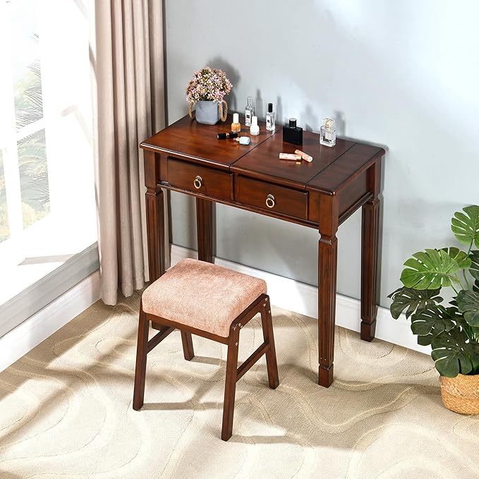 PADMA HOUSE Flip Top Wood Makeup Vanity Desk with Mirror Small Dressing Table with Two Drawers Flip-up Wooden Writing Desk Secretary Table in Cherry Walnut for Bedroom Living Room