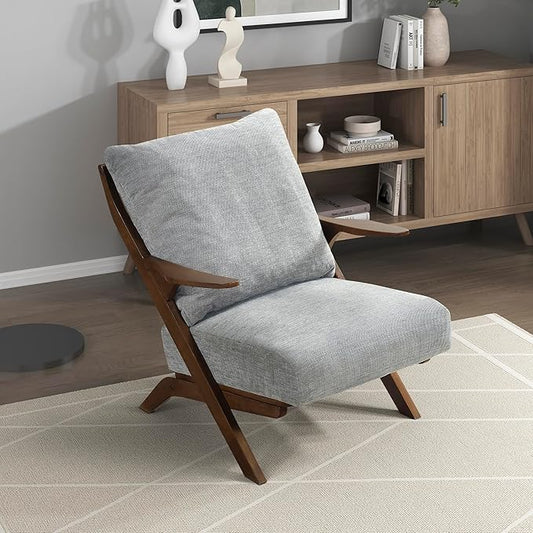 Lexicon Mid Century Modern Accent Chair Pascal Brown Solid Rubberwood Frame Reversible Back Cushion Woven Chenille Upholstered Reading Chair for Living Room/Bedroom/Office Grey
