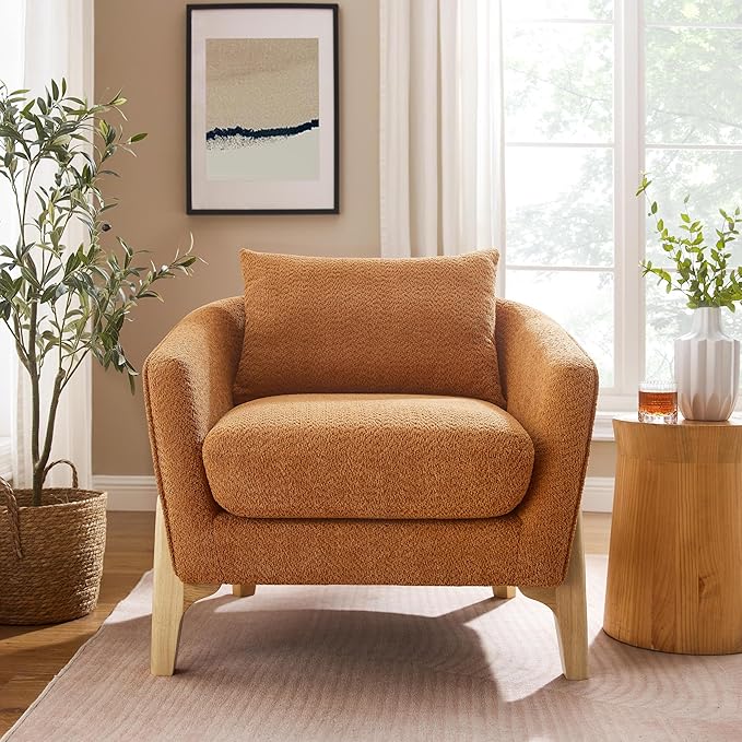 VANOMi Accent Chair 31 Oversized Reading Chair Comfy Upholstered Boucle Lounge Armchair Modern Living Room Chair with Back PillowSingle Sofa Chair for Bedroom Office Orange