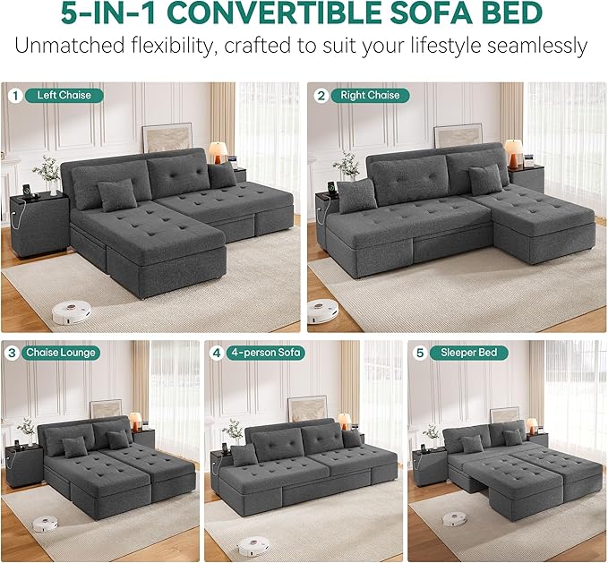 DWVO Queen Size Sofa Bed 5-in-1 Multi-functional Convertible Sleeper Sofa with 2 Storage Cabinet Nightstand &amp USB Ports 100 Sectional Sofa Couch with 2 Comfy Pillows for Living Room Apartment