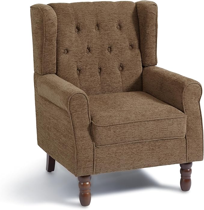 Accent Chair Upholstered Armchair with Button Tufted High Back &amp Solid Wood Legs Comfy Wingback Reading Single Sofa Chair for Small Spaces Living Room Bedroom (Brown Set of 2)