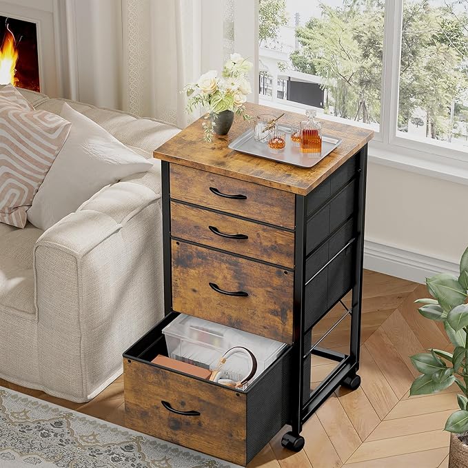 4 Drawers Mobile File Cabinet Vertical Filing Cabinet with Fabric Drawer Fits A4/Letter Size Printer Stand for Home OfficeRustic Brown