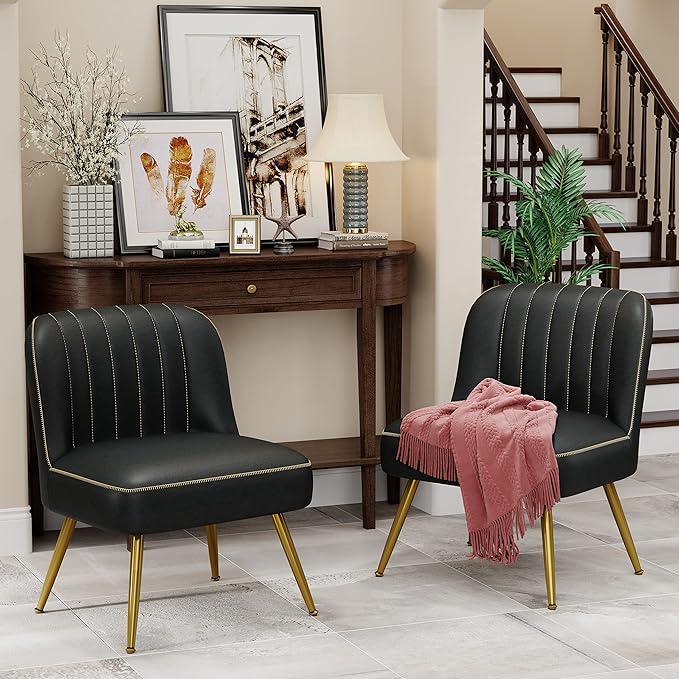 Andeworld Modern Accent Chair Set of 2 Upholstered Leather Living Room Chairs Elegant Armless Cute Small Side Club Chair with Golden Legs for Bedroom-Black