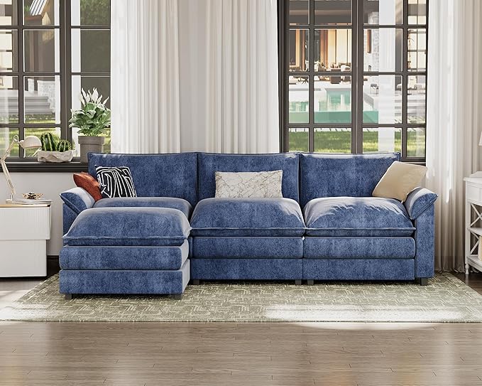 JUMMICO 119” Sectional Sofa Modern Deep Couch with Reversible Ottoman L-Shaped Chenille Fabric Modular Sofa Sleeper Comfy for Living Room/Bedroom/Apartment (Blue L Shaped Sofa)