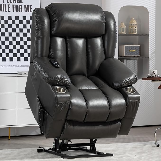 Lay Flat Lift Recliner Chair with Massage &amp Heat for Elderly People Electric Power Lift Chair w/Dual Motor 2 Stainless Steel Cup Holders and 2 Remote Controls Breathable Faux Leather Grey