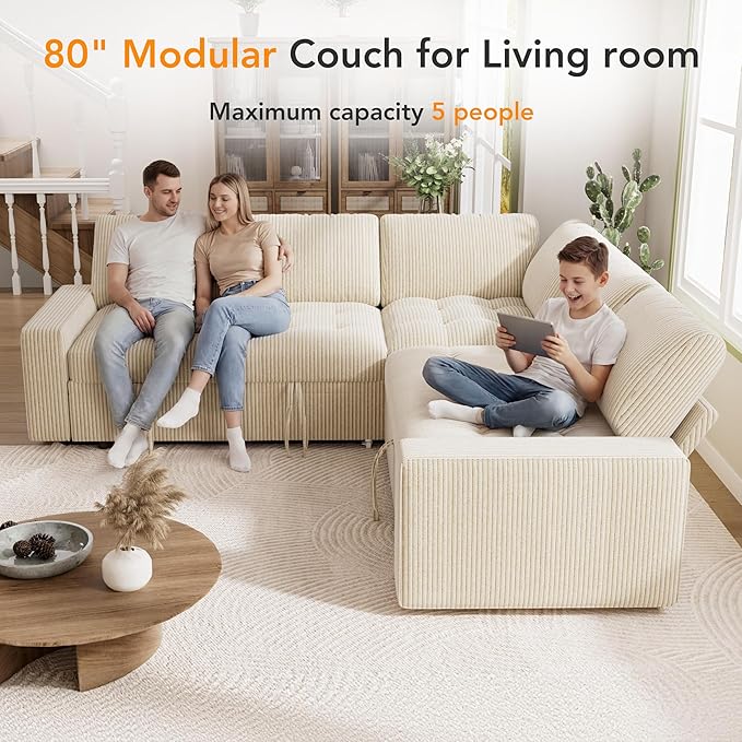 Vipbear Pull Out Sofa Bed Sectional Sleeper Sofa with Reclining Backrest &amp Storage Plush Pullout Modular Sectional Couches with USB Charging L Shaped Convertible Couch Bed for Apartment Beige |