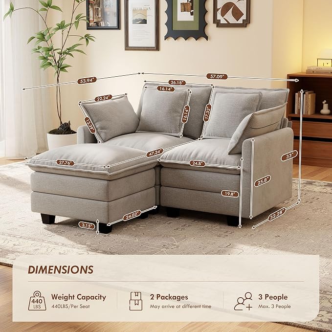 Ihanherry 57 L Shaped Modular Sectional Cloud Sofa Modern 3 Seat Chenille Couch with Ottoman for Living Room Bedroom and Apartment Grey