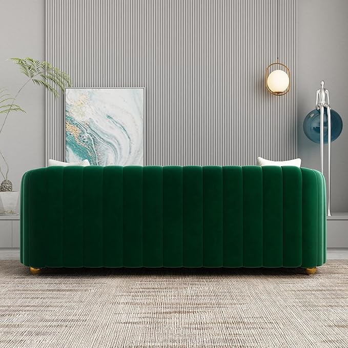 Modern Green Velvet Couch for Living Room 83.46 Curved Sofa with Gold Metal Sphere Legs 3 Seater Cute Couch (Velvet Green)