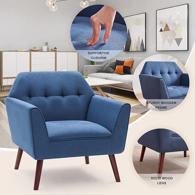 Kingfun Accent Chairs for Bedroom Midcentury Modern Living Room Accent Arm Chair Linen Fabric Comfy Reading Chair Tufted Sofa Chair Blue