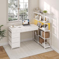 Garvee L Shaped Gaming Computer Desk with 6 Fabric Drawers Corner Gaming Desk with Open Shelves Home Office PC Table with Power Outlets &amp LED Lights 58.3 l*54.3 h White