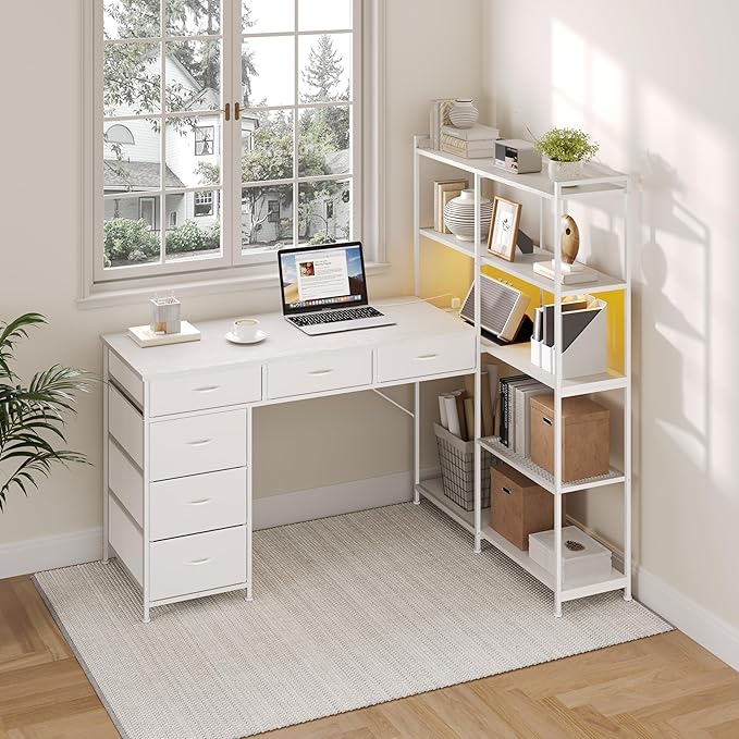 Garvee L Shaped Gaming Computer Desk with 6 Fabric Drawers Corner Gaming Desk with Open Shelves Home Office PC Table with Power Outlets &amp LED Lights 58.3 l*54.3 h White