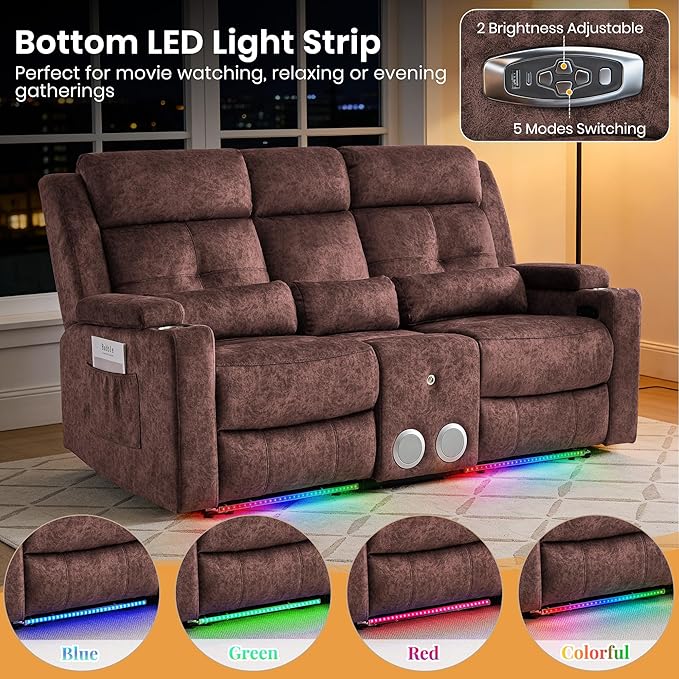 Power Reclining Loveseat with Flip Backrest Power Loveseat Recliner Sofa with LED Lights Bluetooth Speaker 3-Seater Recliner Sofa with Arm/Seat Storage (Brown Loveseat with Console)