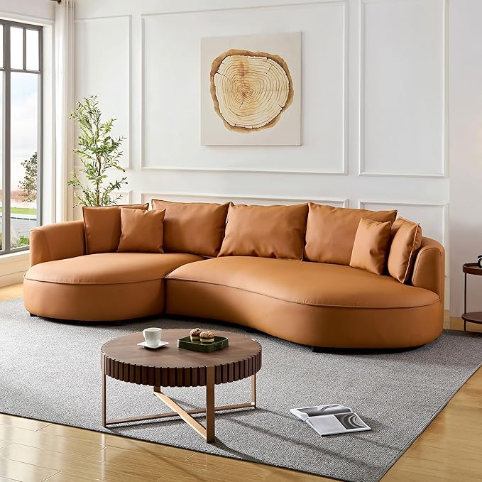 124.8 Round Bonded Curved Couch Leather Sectional Sofa for Living Room Apartment Office Orange Modern 5 Seater Oversized Cloud Sofa with Chaise Lounge Comfy Furniture Left Facing