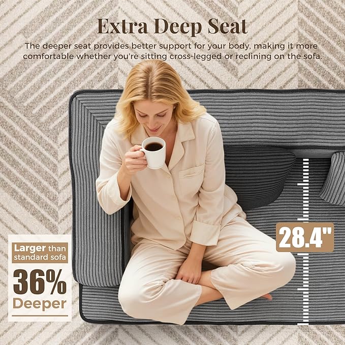 134 Cloud Boneless Sectional Couch with L-Shape Chaise Upholstered Corduroy Couch with Deep Seat No Assembly Required Compressed Sofa for Living Room Apartment Grey