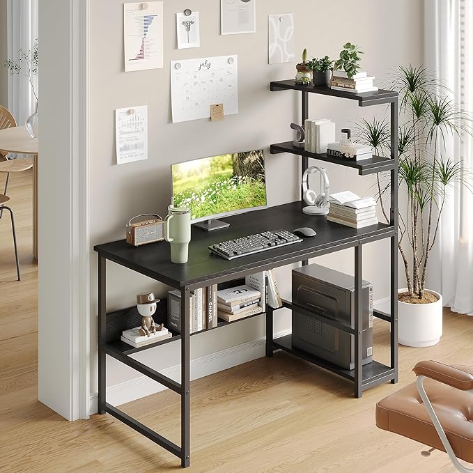 L-Shaped Computer Desk with 4-Tier Storage Shelves 43 inch Writing Desk with Bookshelf for Home Office Reversible Corner Gaming Desk for Bedroom Black (Black)