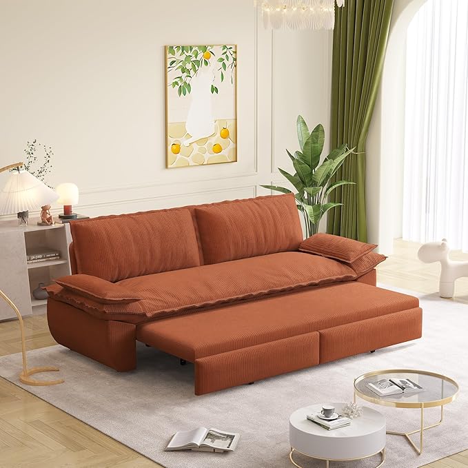 Cilee 73.2 Folding Sofa Bed 3-in-1 Convertible Loveseat Sleeper Sofa Pull Out Futon Sofa Comfy Floor Couch with Storage Pocket &amp 2 Pillows Love Seats Furniture for Living Room Corduroy Oran