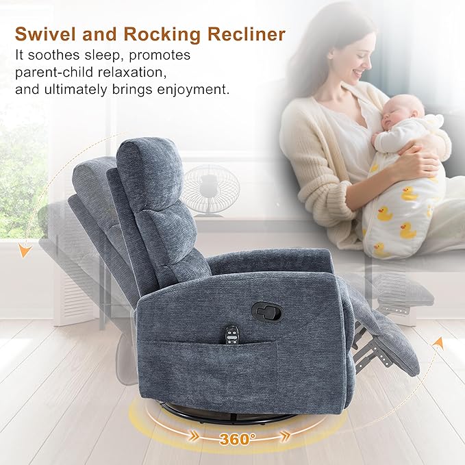 Manual Swivel Rocker Recliner Chair for Adults Overstuffed Reclining Glider Chair for Nursing with Vibration Massage &amp Heat Living Room Rocking Recliner 3-Stage backrest Chenille Fabric Blue