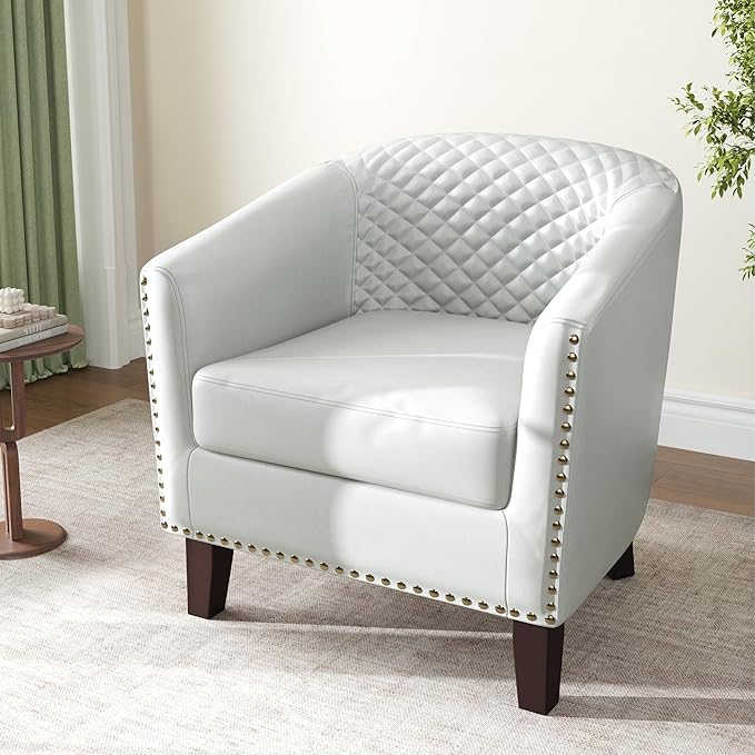 Accent Barrel Chair Upholstered Faux Leather Club Chair with Nailed Trim Comfy Reading Armchair for Living Room Bedroom Reception Room Office (White Set of 2)
